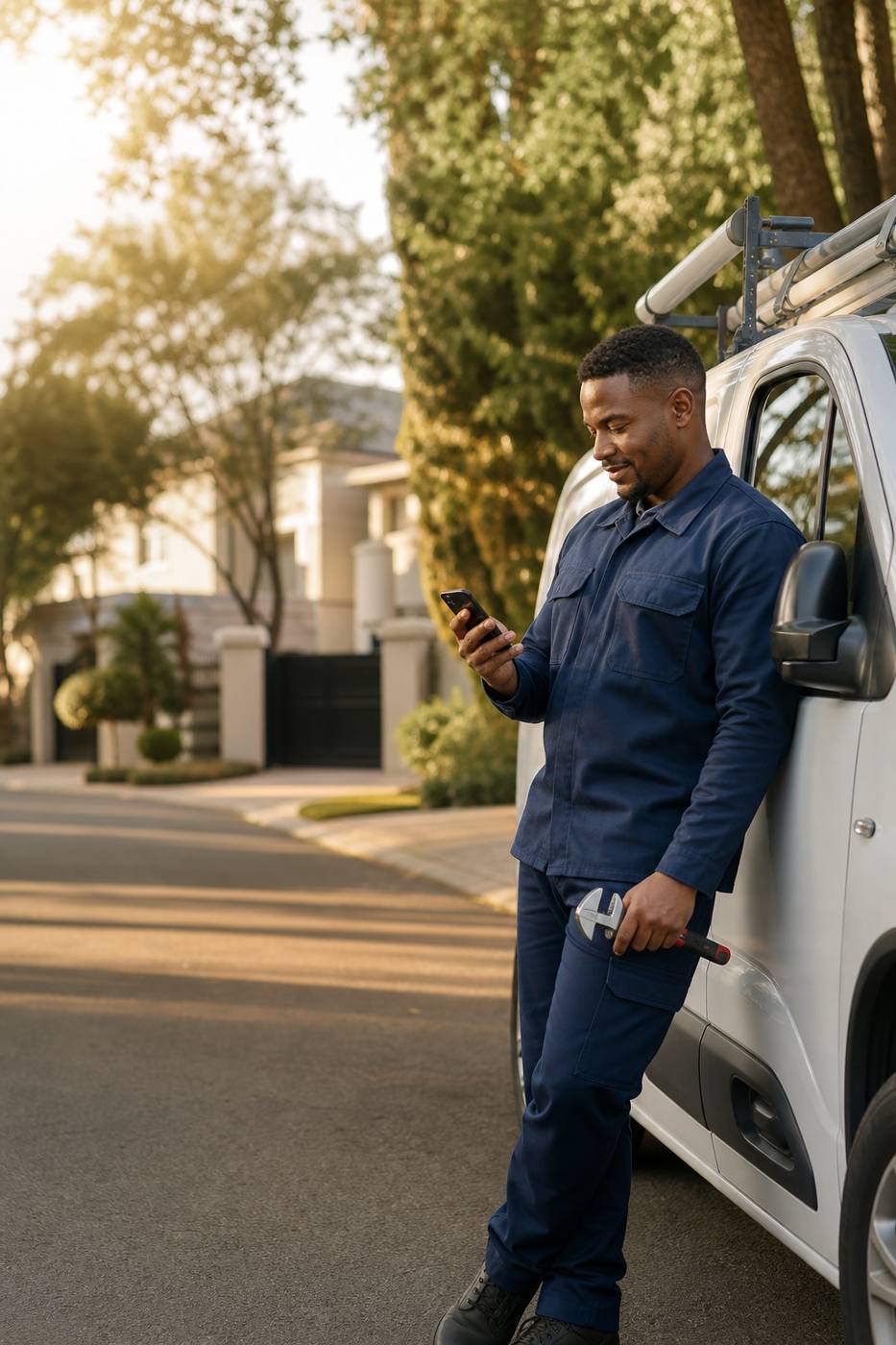 A plumber reviewing a new job on a phone beside a service van